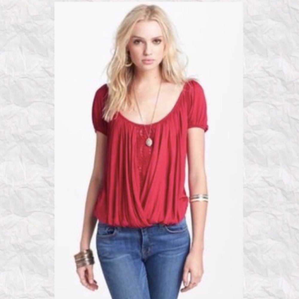 Free People Ann's Ruched lace inset bubble hem top